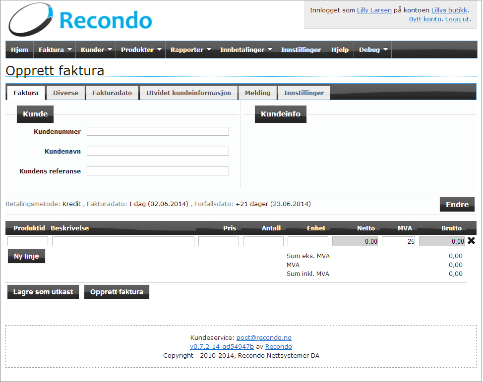 Oppretting av faktura